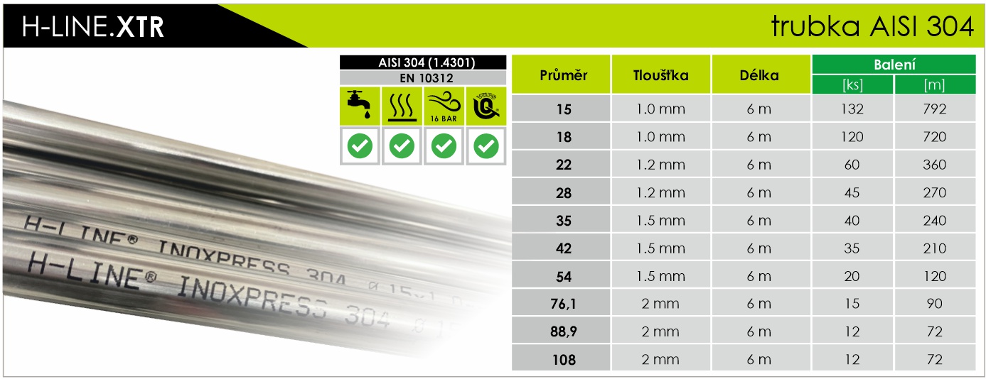 Rozměrová tabulka XTR - H-LINE INOXPRESS 304